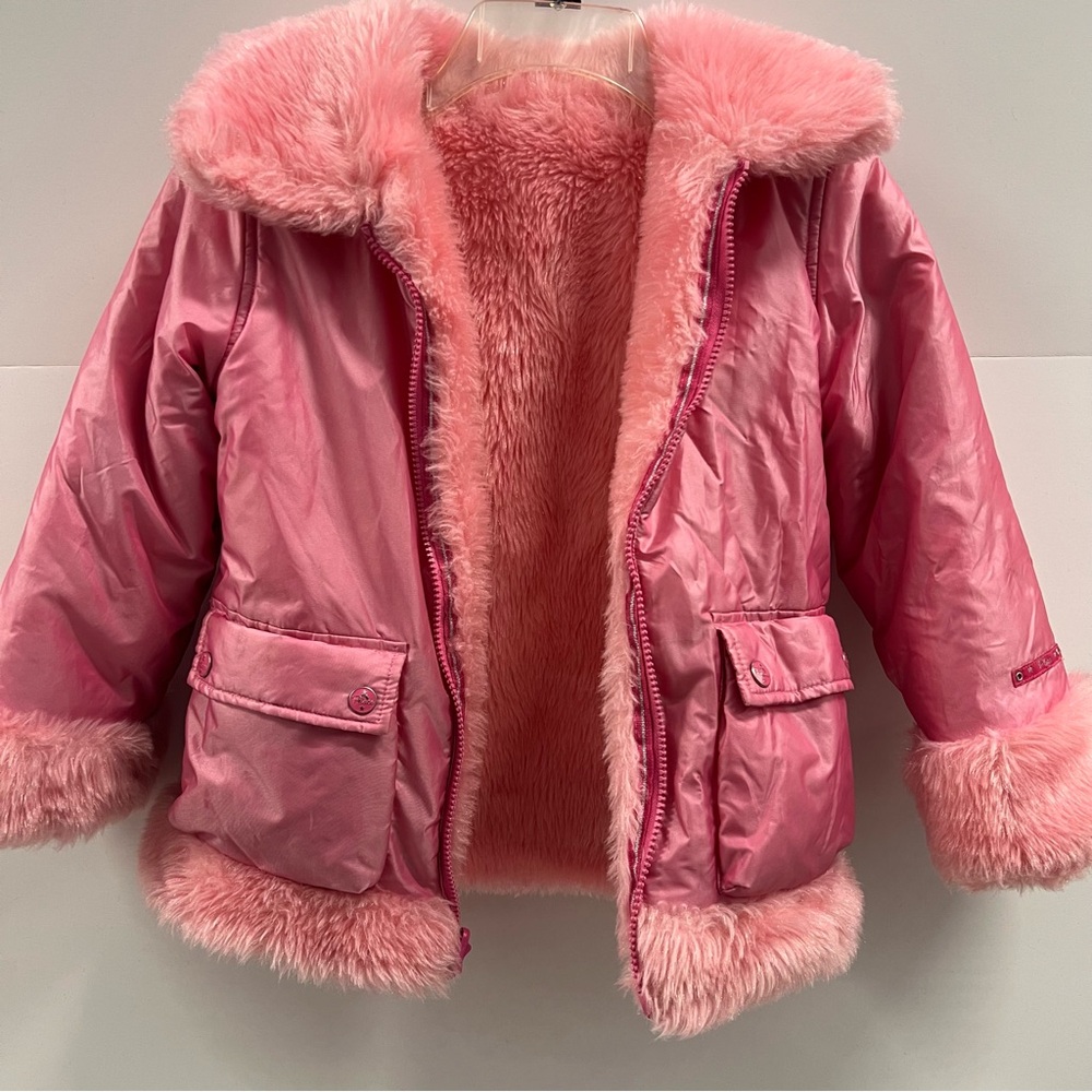 The Children’s Place Girls Fuzzy Bright Pink Rain Reversible Bomber Jacket 7/8